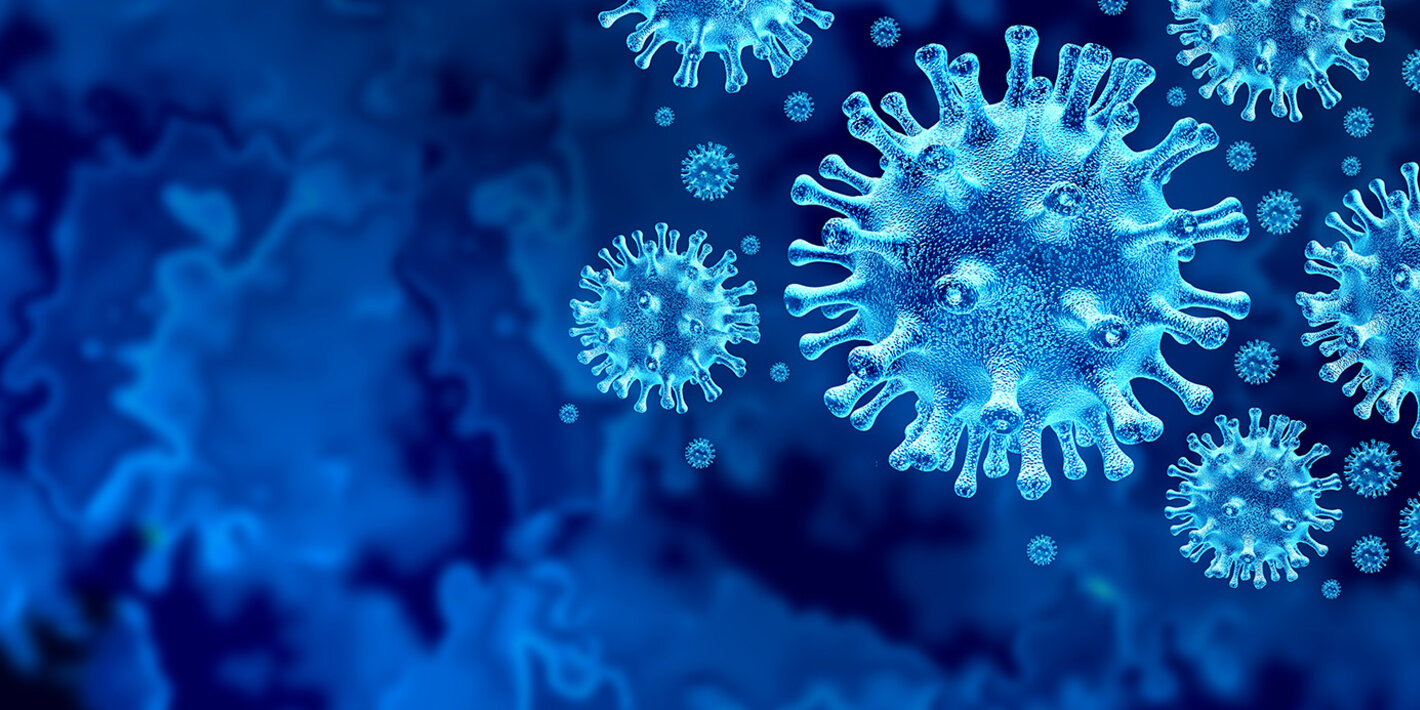 Coronavirus virus outbreak and coronaviruses influenza background as dangerous flu strain cases as a pandemic medical health risk concept with disease cells as a 3D render