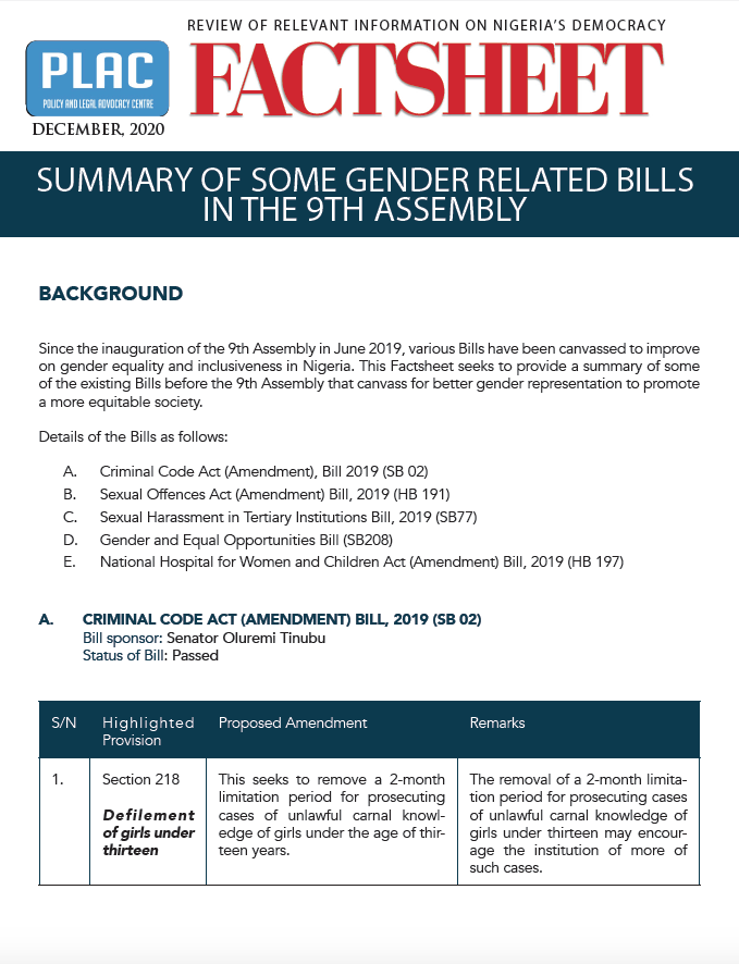 Summary on Some Gender Related Bills in the 9th Assembly