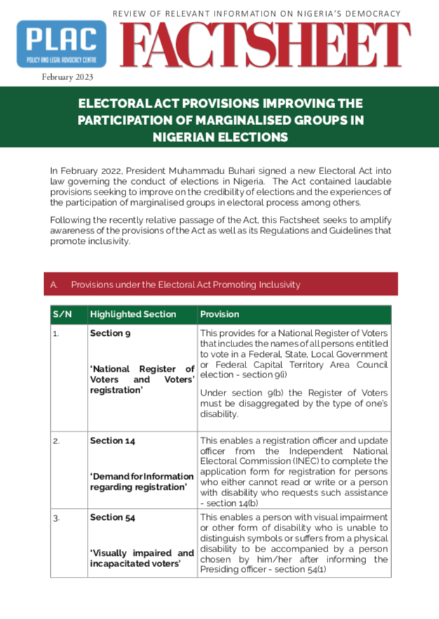 Factsheet on the Electoral Act Provisions Improving the Participation of Marginalised Groups in Nigerian Elections