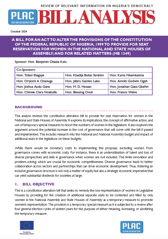 A Bill Analysis on a Constitution Alteration Bill to provide Special Seats for women in the National and State Houses of Assembly (HB 1349)